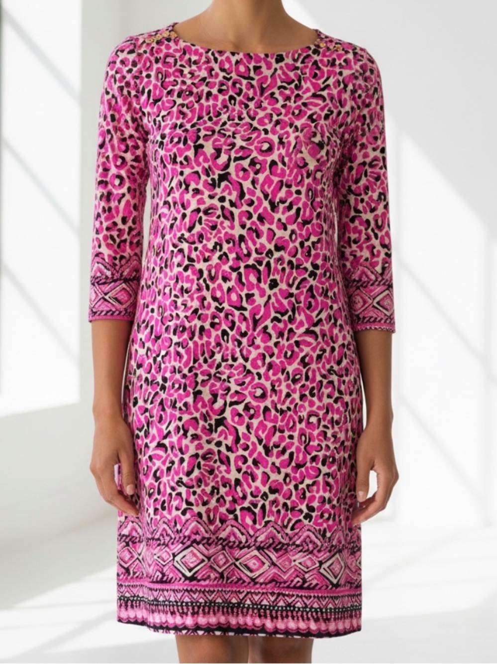NWT LILLY PULITZER Sophie Pink Leopard Print Shift Dress with Border Trim - Picture 1 of 6